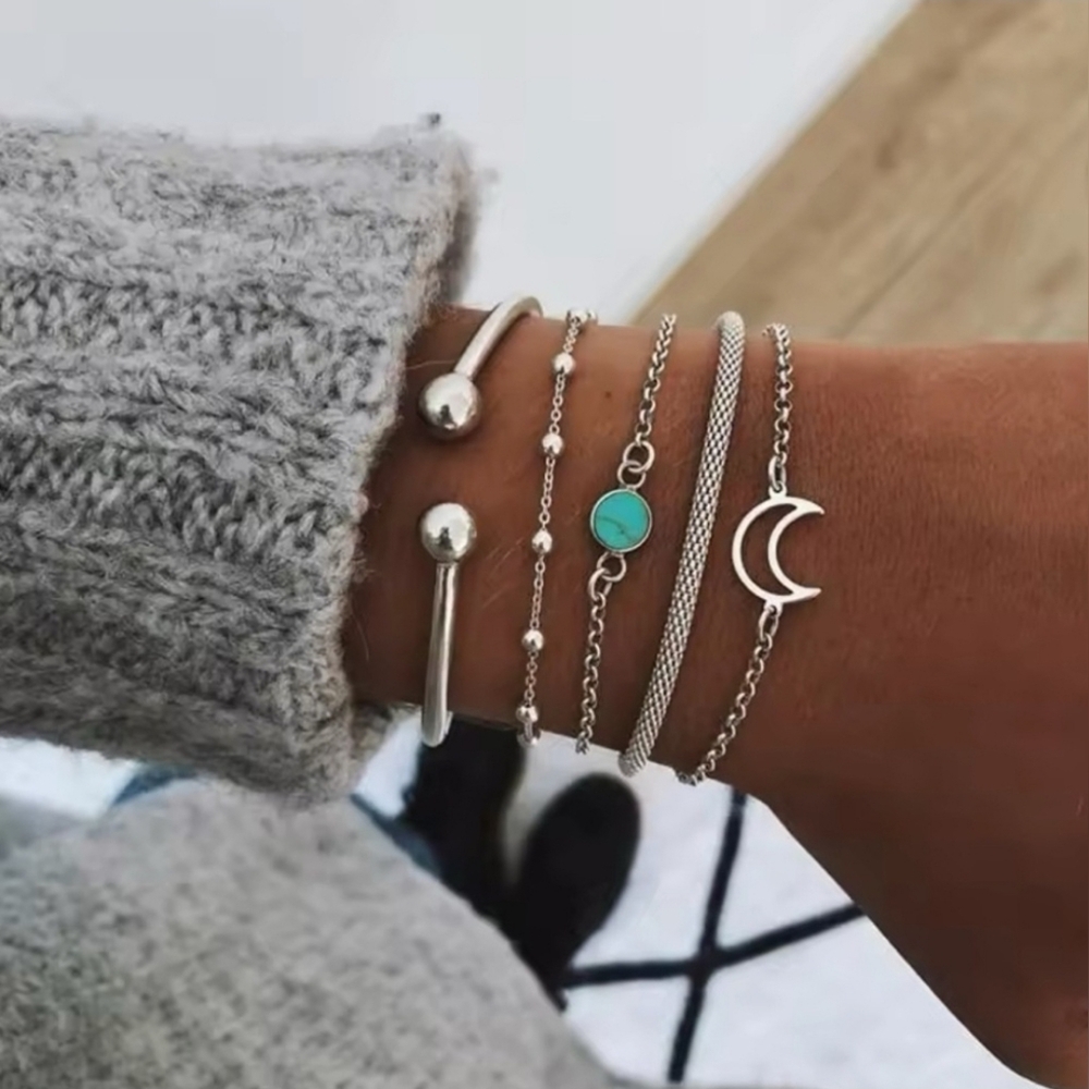 New Silver and Turquoise Boho Bracelet Set 5pc